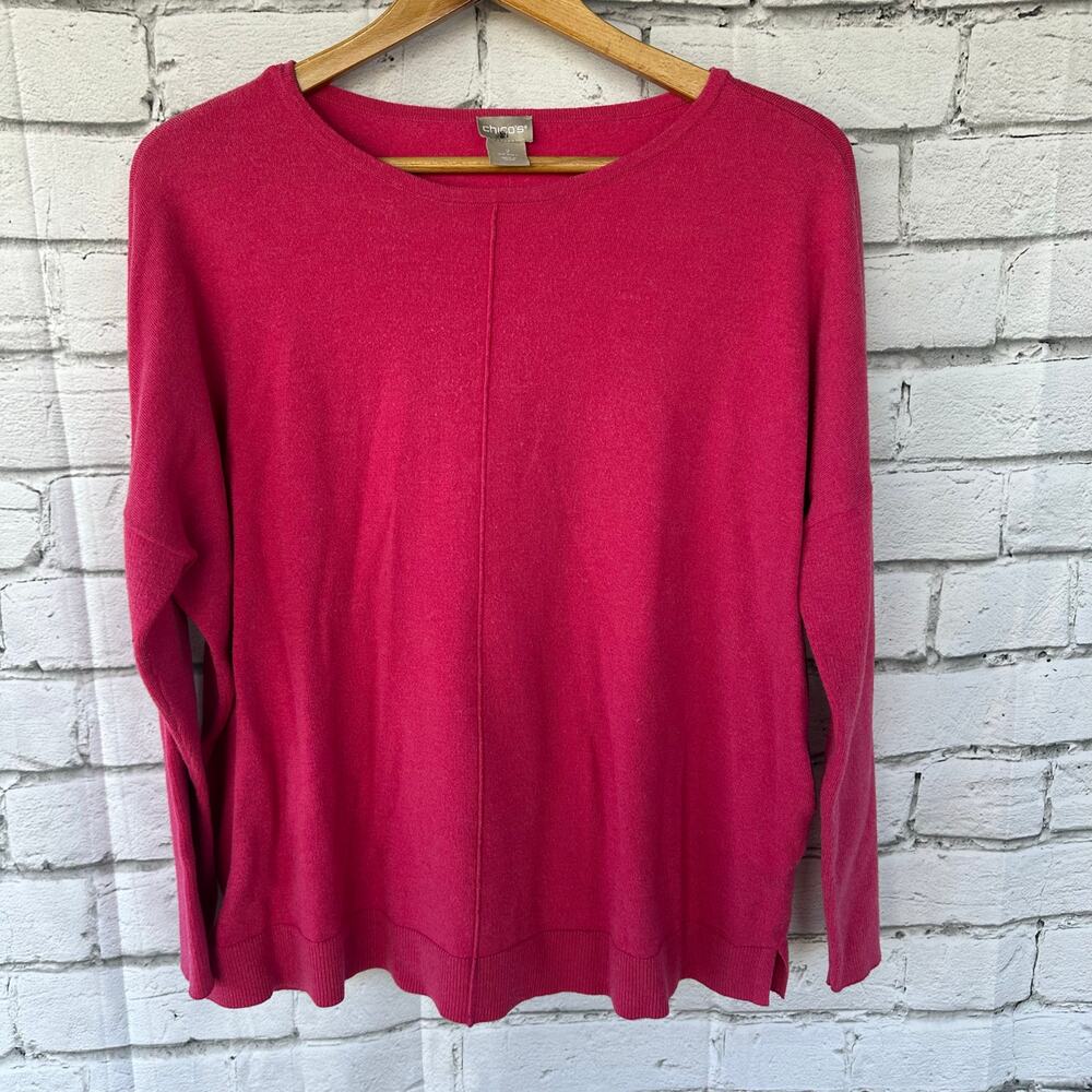 EUC Chico's Size 2 Large Cashmere Blend Center Seam Crewneck Fuchsia Sweater